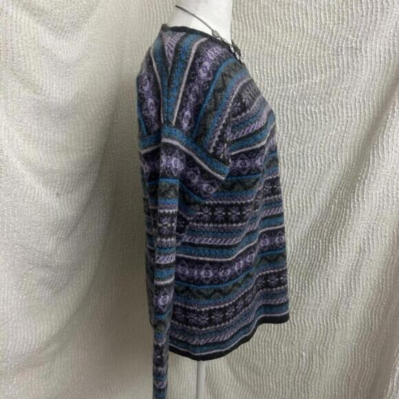 Vintage Maglia Donna Wool Blend Sweater L Italy Gray Purple Blue Striped Boho - Picture 4 of 8